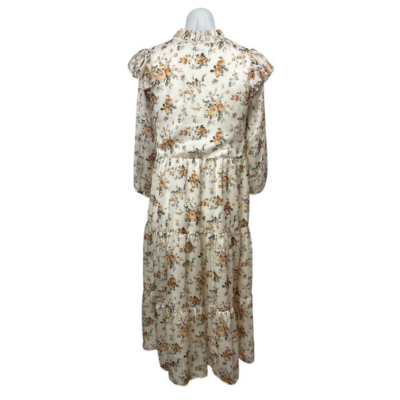Olivia Rohde Beige Satin Floral Ruffle Long Sleeve Tiered Midi A-Line Dress 16 - Picture 2 of 4